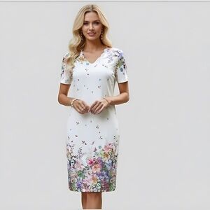 White V-Neck Short-Sleeve Floral Print Midi Dress